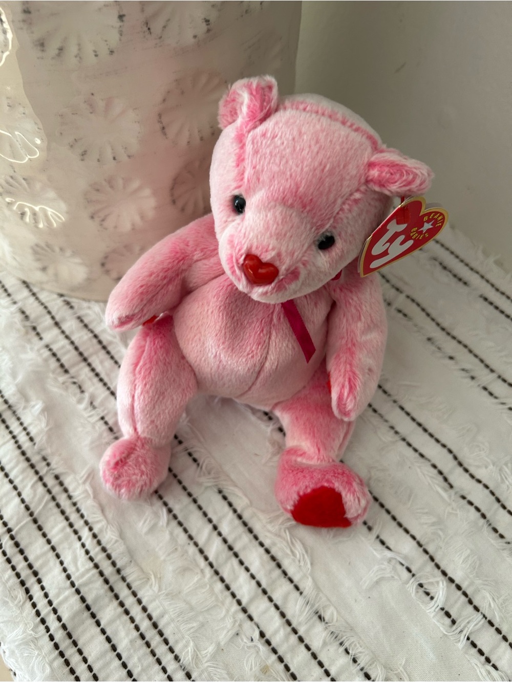 2001 Ty Romace Pink Beanie Bear with Red Heart Nose